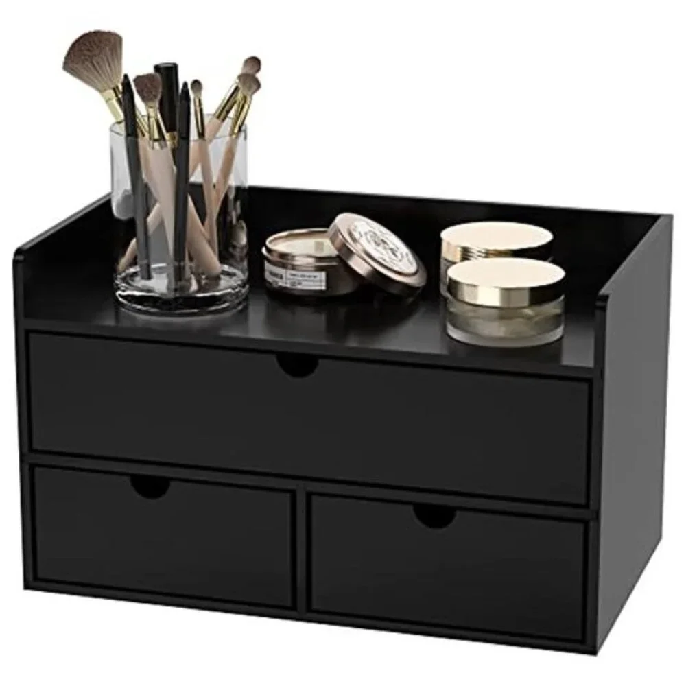 Bamboo Desk Organizer Drawer Desktop Storage Makeup Office Home Black Shelf